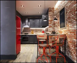 Photo of kitchen interior with red brick