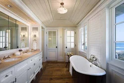 Wooden ceiling design in bathroom