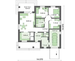 Layouts of one-story houses with three bedrooms and a garage photo