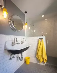 Gray yellow bathroom interior