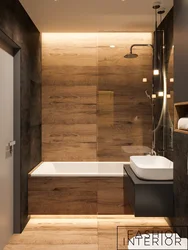 Дизайн ванной комнаты с душевой из плитки под дерево