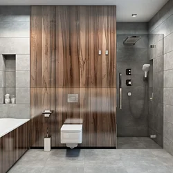 Bathroom design with wood tile shower