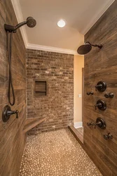 Bathroom design with wood tile shower