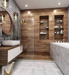 Bathroom Design Wood And Gray Tiles
