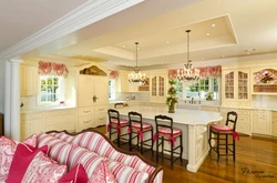 Living room with kitchen design in a rustic house