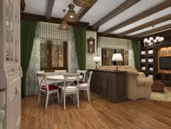 Living room with kitchen design in a rustic house