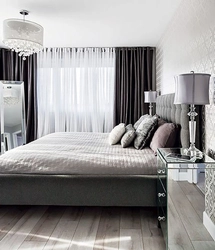 Curtains for the bedroom with gray wallpaper and white furniture photo