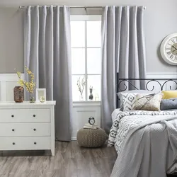 Curtains for the bedroom with gray wallpaper and white furniture photo