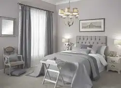 Curtains for the bedroom with gray wallpaper and white furniture photo