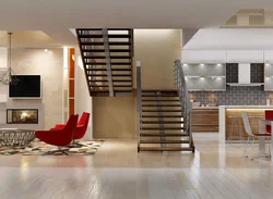 Living room kitchen design with stairs to 2nd floor