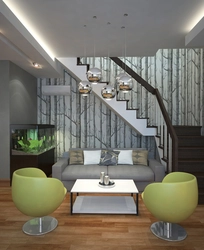 Дизайн кухни гостиной с лестницей на 2 этаж