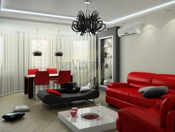 Дизайн гостиной красный серый