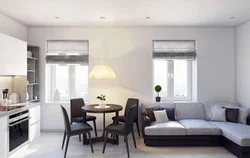 Фото дизайны прямоугольной кухни гостиной с двумя окнами