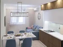 Kitchen design living room 9 sq m with sofa