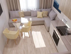 Kitchen design living room 9 sq m with sofa