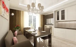 Kitchen design living room 9 sq m with sofa