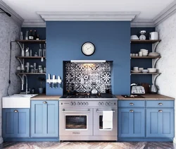 Синий мрамор на кухне в интерьере