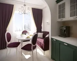Kitchen design 12 m with balcony and sofa