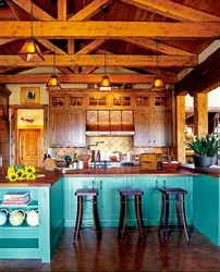 Kitchen azure wood in the interior