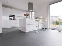 White kitchen design with gray floor
