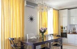 Yellow curtains in the kitchen interior photo how