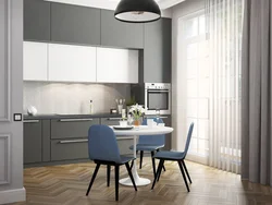 Kitchen Design In Gray Wallpaper And Curtains