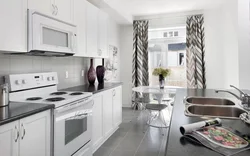 Kitchen design in gray wallpaper and curtains