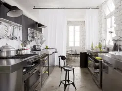 Kitchen Design In Gray Wallpaper And Curtains