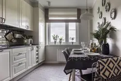 Kitchen design in gray wallpaper and curtains