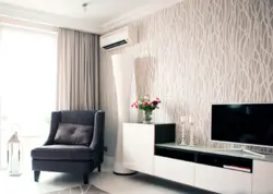 Living room interior with vinyl wallpaper