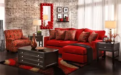 Living room interior with red wallpaper