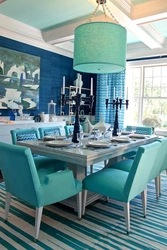 Kitchen design with turquoise chairs