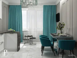 Тарҳи ошхона бо курсиҳои turquoise