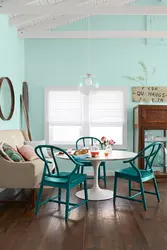 Kitchen design with turquoise chairs