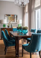 Kitchen design with turquoise chairs