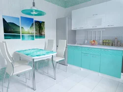 Kitchen design with turquoise chairs