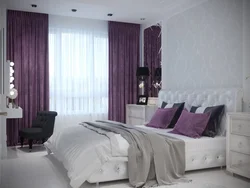 Purple curtains in the bedroom interior