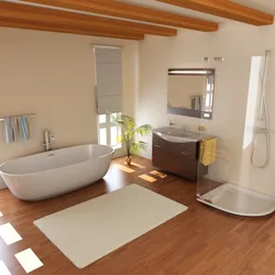 Bathtub with wooden floor photo