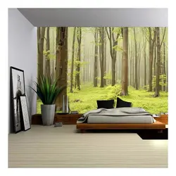 Фоташпалеры лес у інтэр'еры спальні