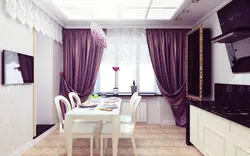 Lilac curtains in the kitchen interior