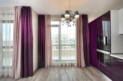 Lilac curtains in the kitchen interior
