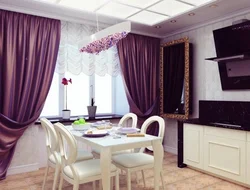 Lilac curtains in the kitchen interior