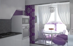 Purple curtains in the kitchen interior