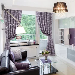 Purple curtains in the kitchen interior