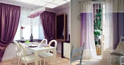 Purple curtains in the kitchen interior