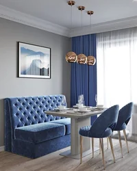 Синий диван в интерьере кухни гостиной фото