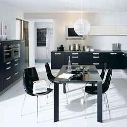 White kitchen with black table photo