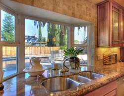 Kitchen interior with stained glass windows