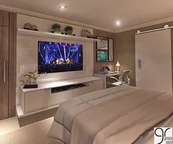 Bedroom design with tv by the window