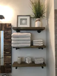 Wooden shelves in the bathroom photo